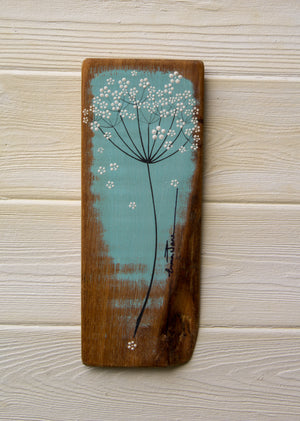 Small Cow Parsley large flower head soft turquoise blue reclaimed wood