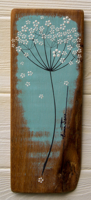 Small Cow Parsley large flower head soft turquoise blue reclaimed wood