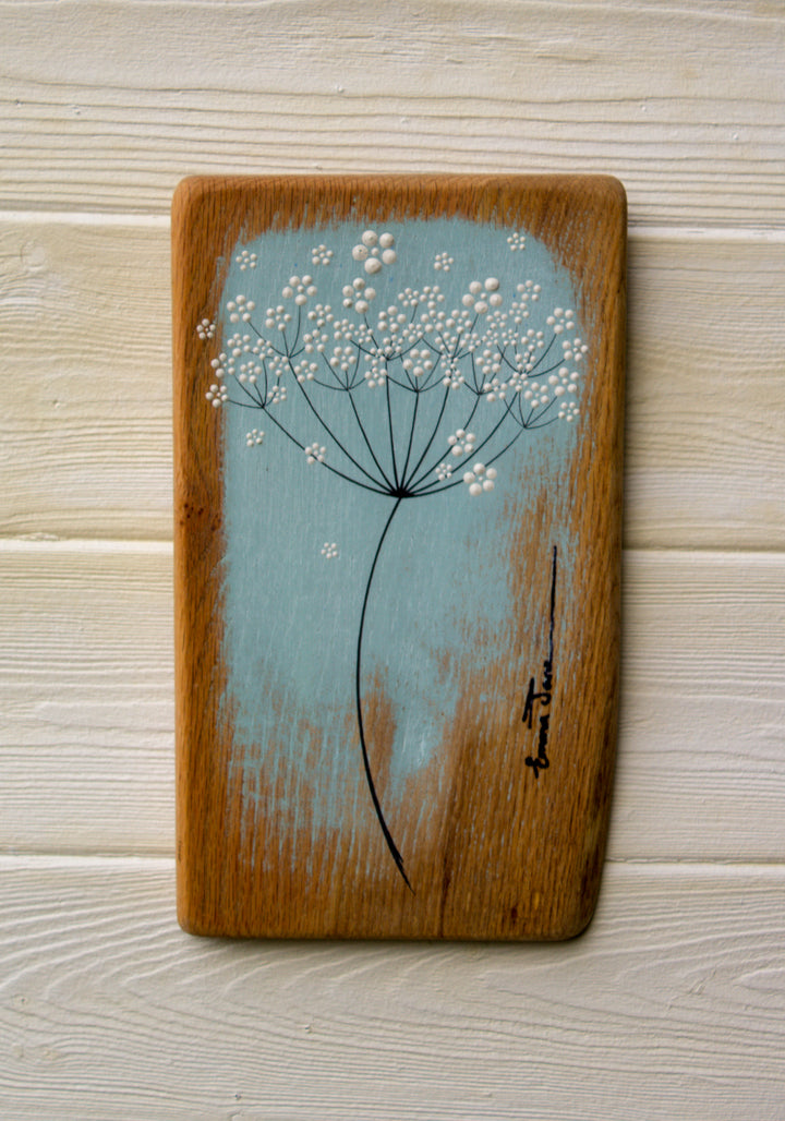 Small Cow Parsley large flower head soft sky blue live edge wood