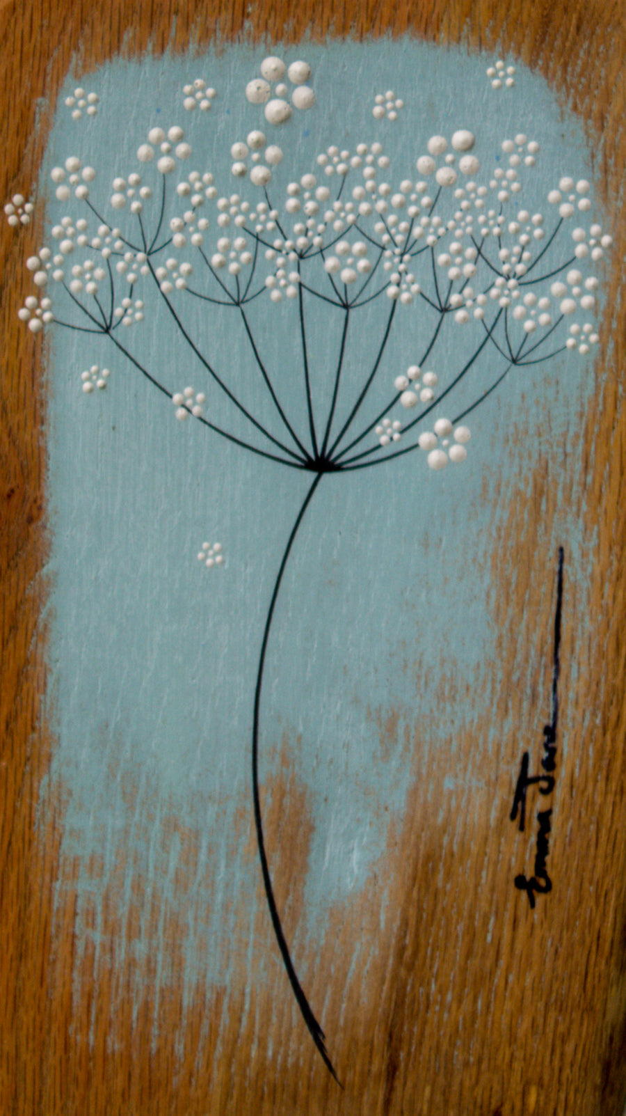 Small Cow Parsley large flower head soft sky blue live edge wood