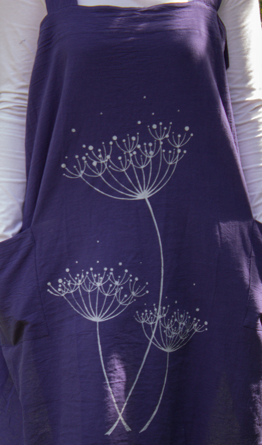 Aprons-Navy Blue with light grey screen printed cow parsley design