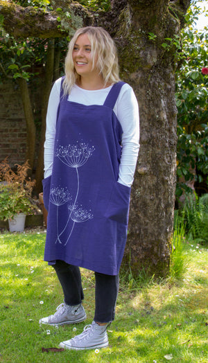 Aprons-Navy Blue with light grey screen printed cow parsley design