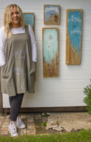 Aprons-Khaki with light colour screen printed cow parsley design.