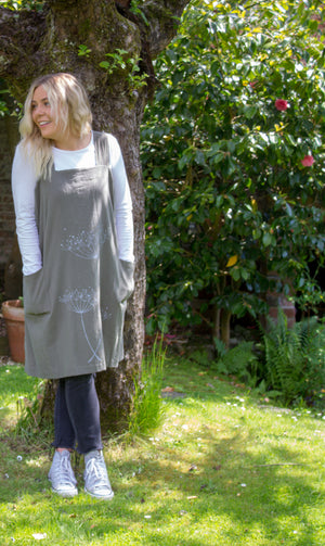 Aprons-Khaki with light colour screen printed cow parsley design.