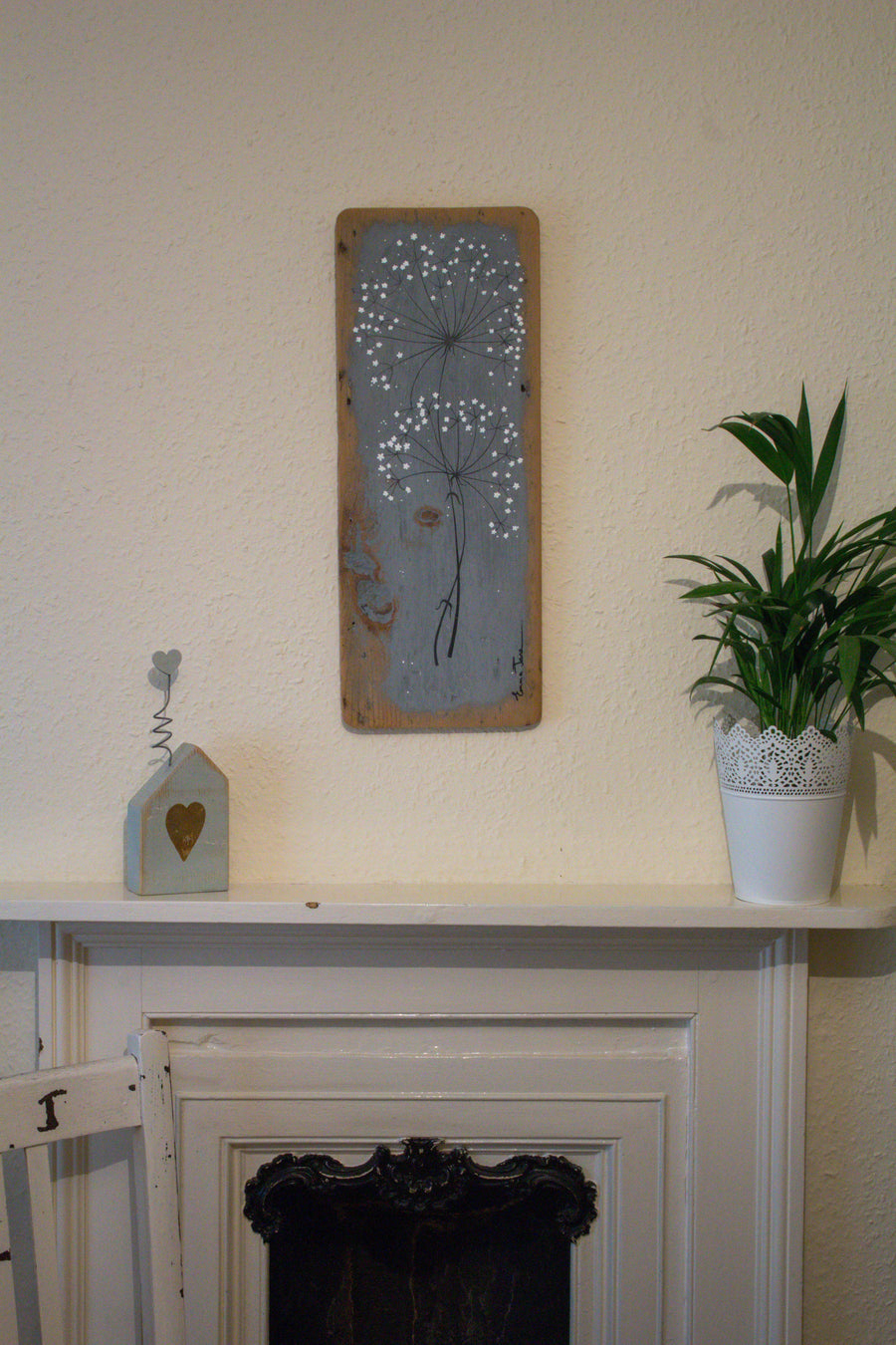 Large wild flower soft grey reclaimed wood painting
