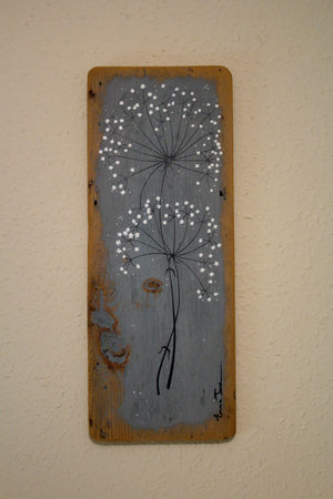 Large wild flower soft grey reclaimed wood painting close up