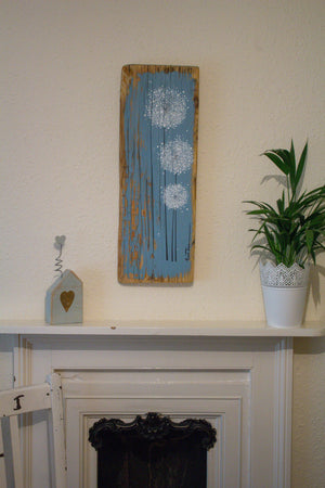 Large Dandelions grey blue reclaimed wood painting