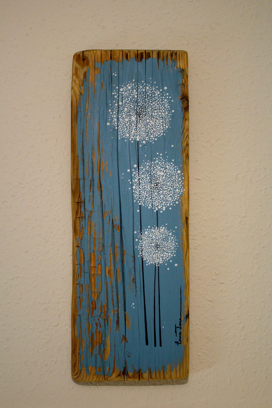 Large Dandelions grey blue reclaimed wood painting close up