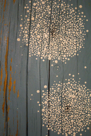 Large Dandelions grey blue reclaimed wood painting closer up