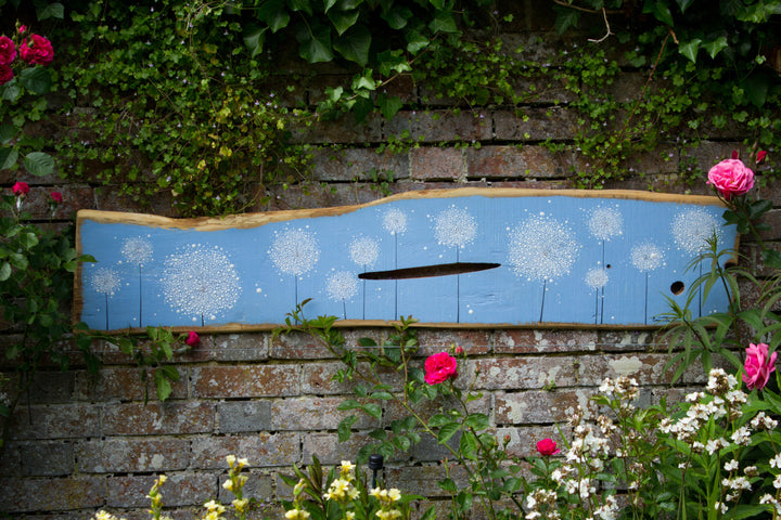 XXL Dandelions sky blue live edge wood painting