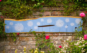 XXL Dandelions sky blue live edge wood painting outside