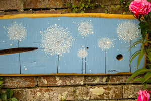 XXL Dandelions sky blue live edge wood painting outside