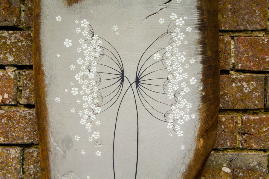 X.L Vertical Cow Parsley grey live edge wood painting outside