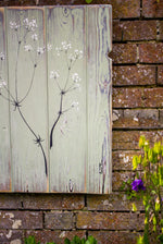 Hedge Bedstraw sage green / grey reclaimed wooden boards painting close up