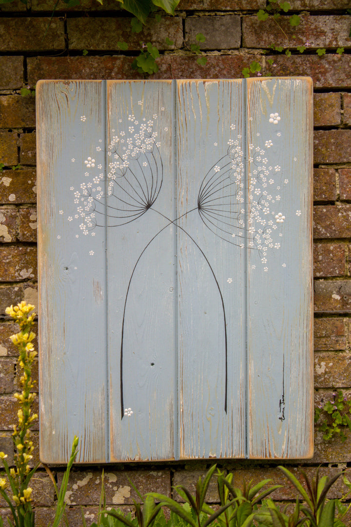 Cow Parsley duck egg blue / sage green reclaimed wooden board painting
