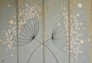 Cow Parsley duck egg blue / sage green reclaimed wooden board painting closer up