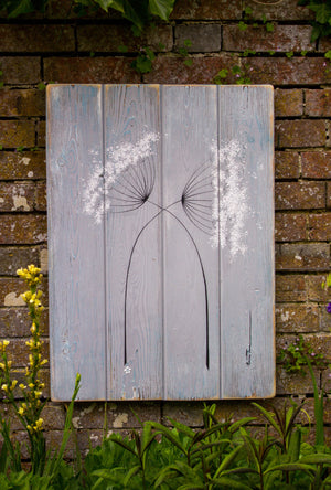 Cow Parsley soft grey / sky blue reclaimed wooden boards painting outside