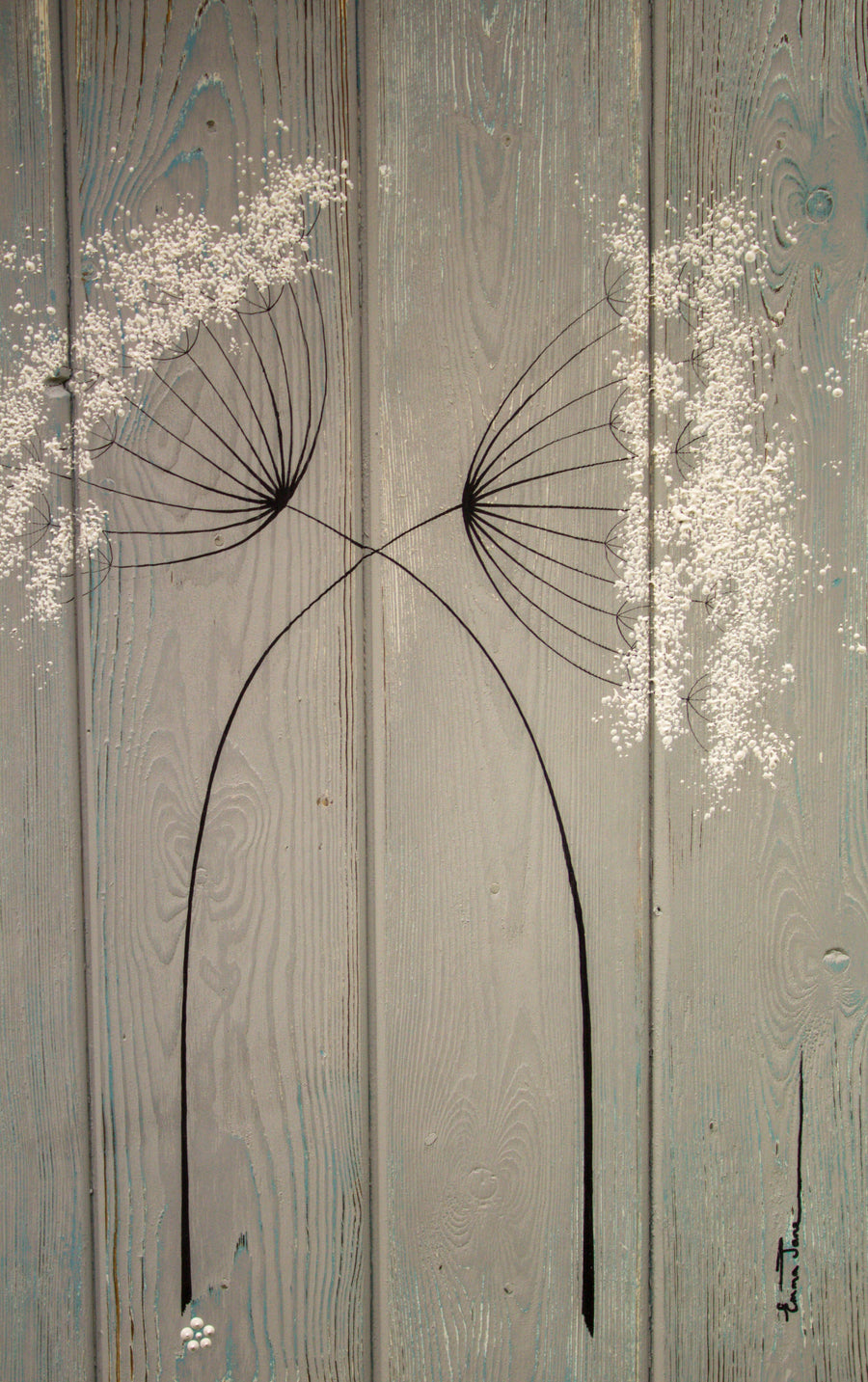 Cow Parsley soft grey / sky blue reclaimed wooden boards painting close up