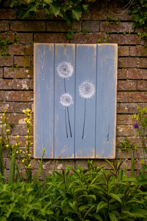 Dandelions soft grey blue / light grey reclaimed wooden boards painting