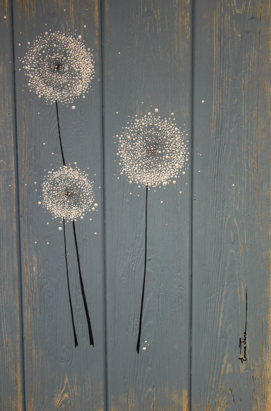 Dandelions soft grey blue / light grey reclaimed wooden boards painting close up