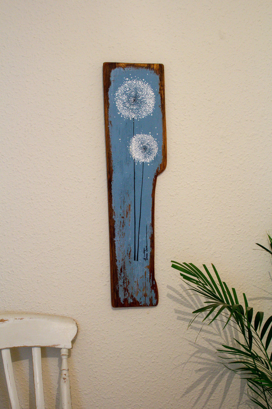 Large Dandelions soft grey / blue reclaimed wood painting