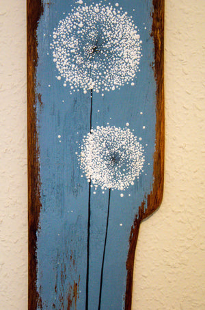 Large Dandelions soft grey / blue reclaimed wood painting closer up