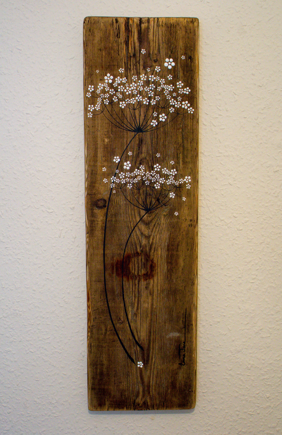 Large Cow Parsley fine flower head natural reclaimed wood painting close up