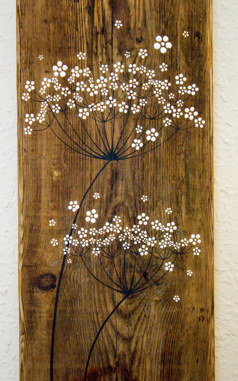 Large Cow Parsley fine flower head natural reclaimed wood painting closer up